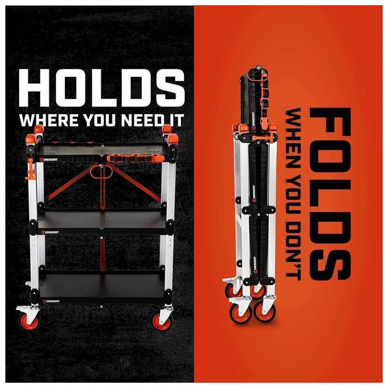 Crescent SITERUNNER 3-Shelf Folding Jobsite Cart – three heavy-duty shelves and 300-pound total load capacity
