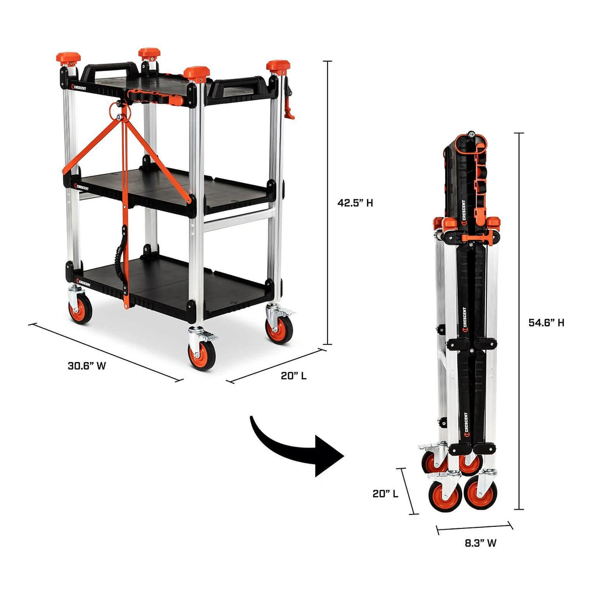 Crescent SITERUNNER 3-Shelf Folding Jobsite Cart – T-channel accessory rail and integrated tool organization