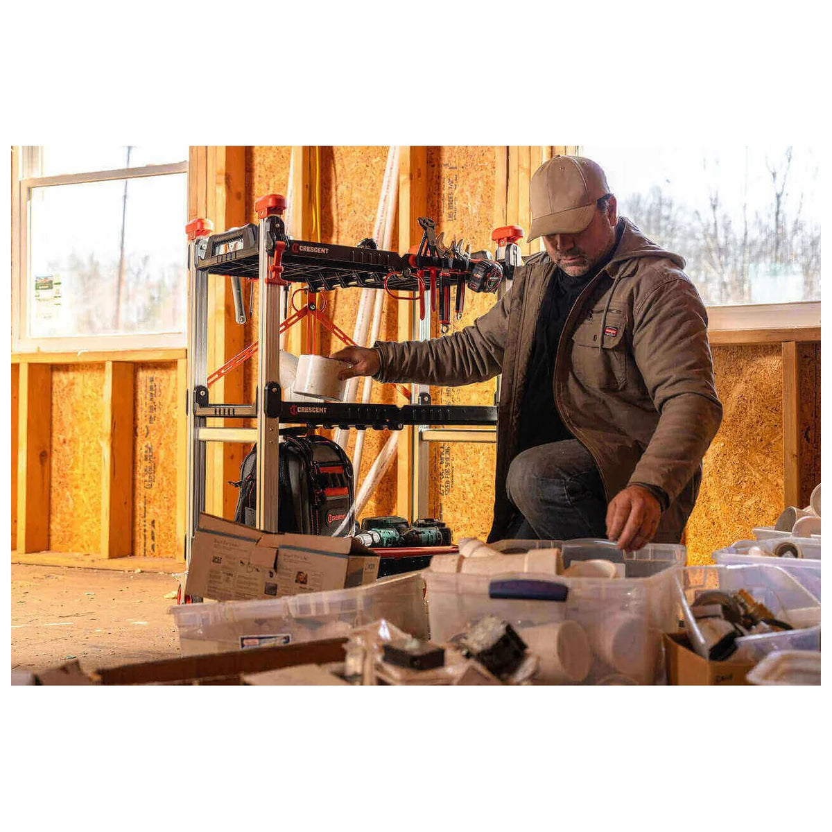 Crescent SITERUNNER 3-Shelf Folding Jobsite Cart – folding cart in use as a mobile jobsite workstation