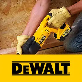 A person wearing yellow work gloves uses a yellow and black DeWalt cordless nail gun against oriented wood plywood. A large yellow DeWalt logo banner is at the bottom of the image