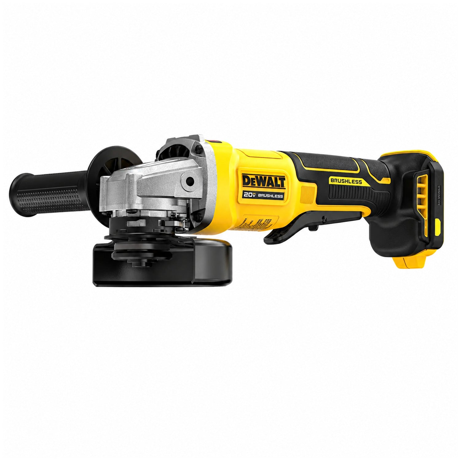 DeWalt DCG408B cordless angle grinder front three-quarter view