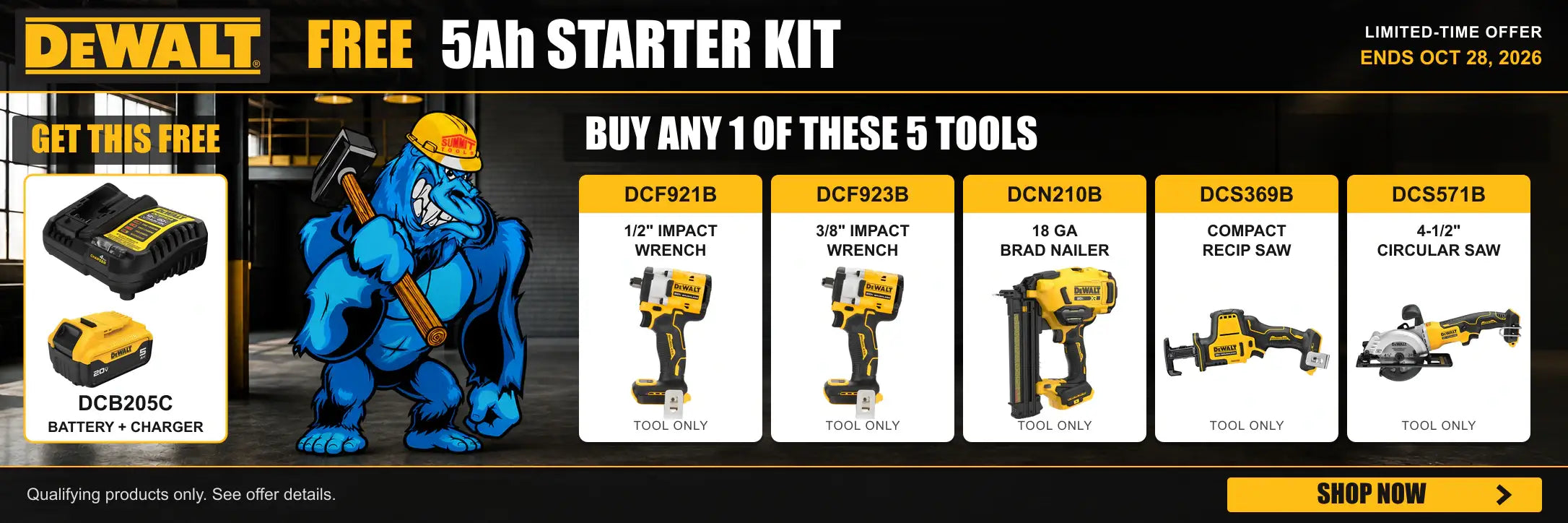 A promotional banner for a DEWALT free 5ah starter kit, featuring a large blue cartoon character holding a cordless drill, alongside several cordless tools including an impact wrench, brush naler, band saw, and circular saw. The banner includes text such as 'DEWALT FREE 5ah STARTER KIT' and 'BUY ANY OF THESE 5 TOOLS'.