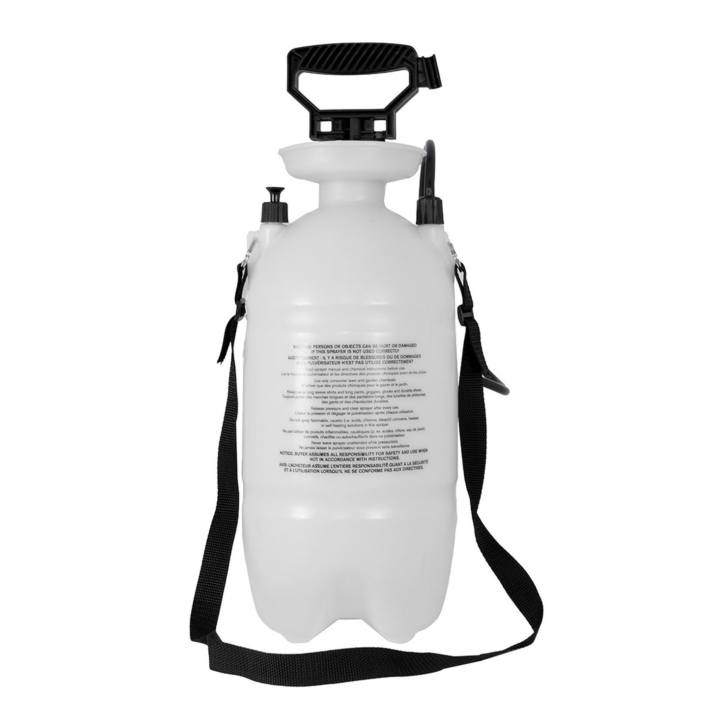 Dynaline 4L handheld pressure sprayer rear view with safety instructions and shoulder strap