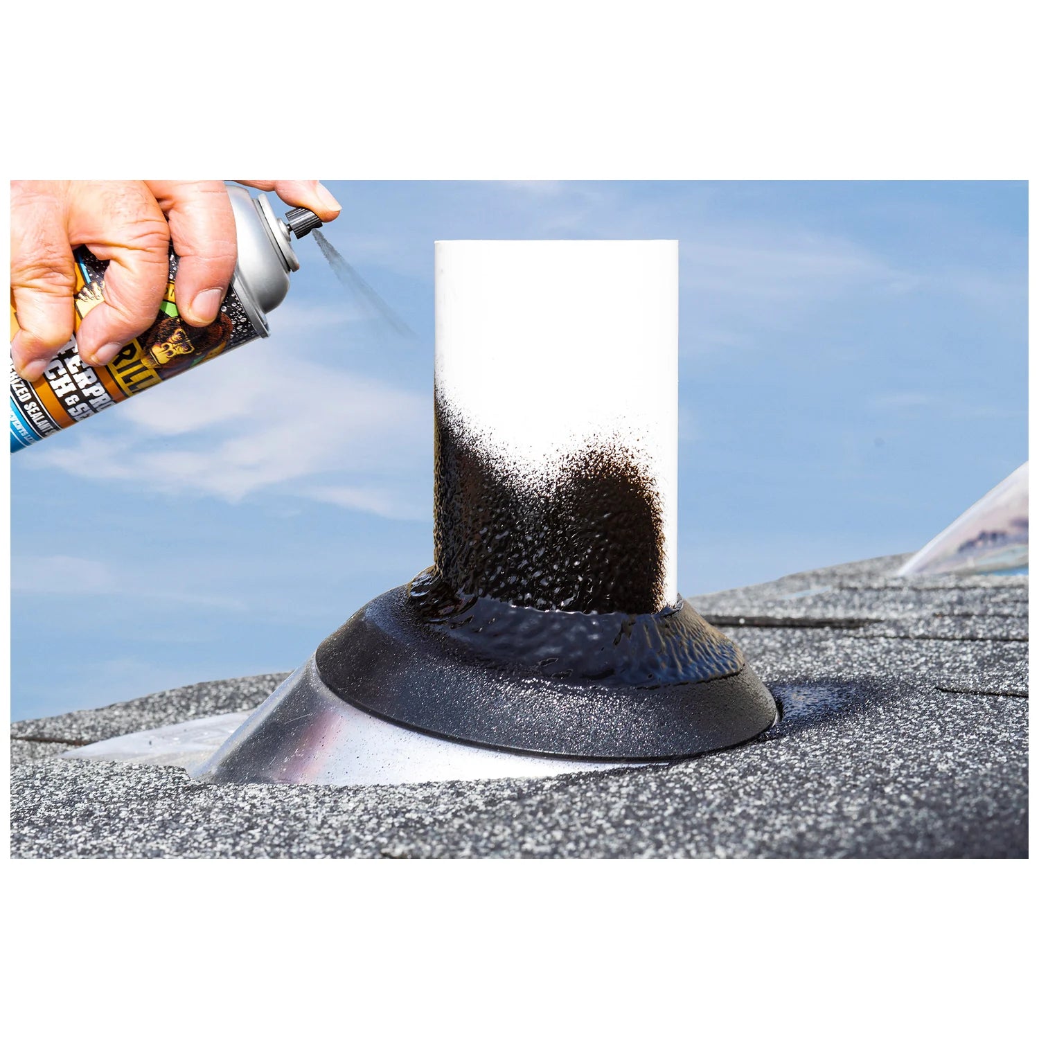 Gorilla 104058 black waterproofing spray used around a chimney pipe