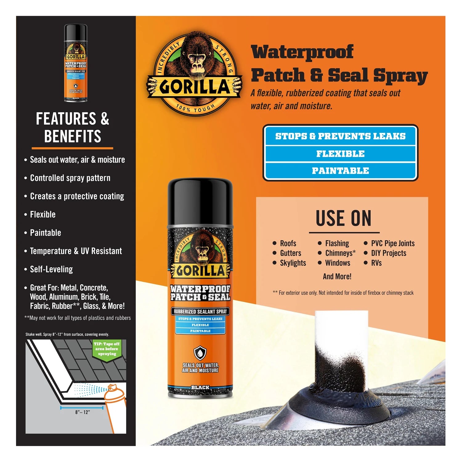 Gorilla 104058 black waterproofing spray features and applications infographic