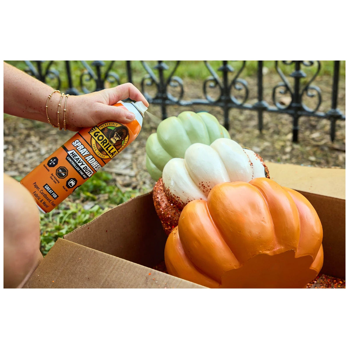 Gorilla 6341502 Heavy Duty spray adhesive used for a pumpkin topiary project