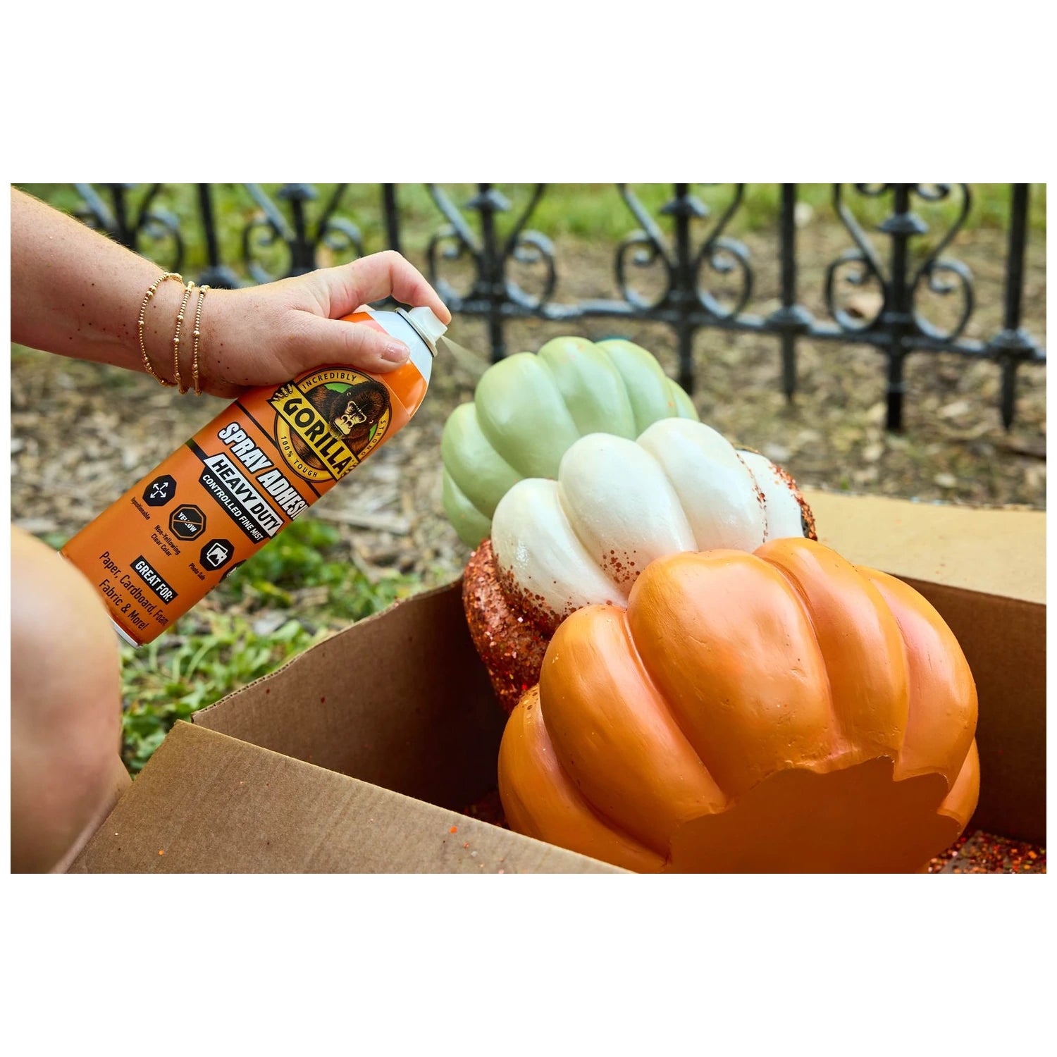 Gorilla 6341502 Heavy Duty spray adhesive used for a pumpkin topiary project