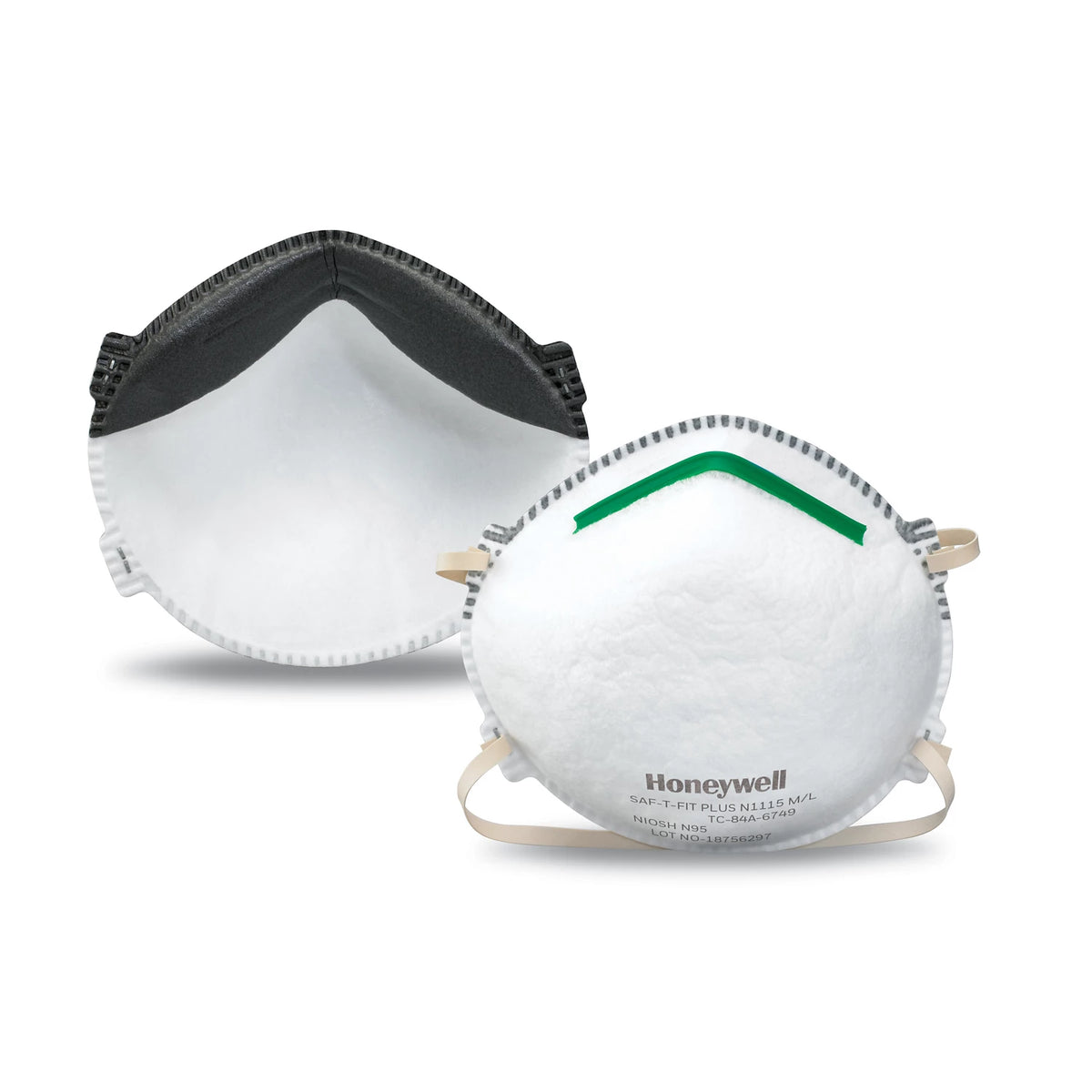 Honeywell SAF-T-FIT Plus N1115 N95 medium/large respirator, front and back – HS14110391