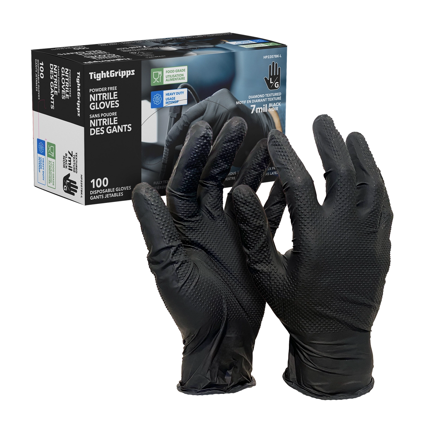HTT Safety Black PF 7 Mil Diamond-Textured Nitrile Gloves - 100pk