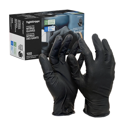 HTT Safety Black PF 7 Mil Diamond-Textured Nitrile Gloves - 100pk
