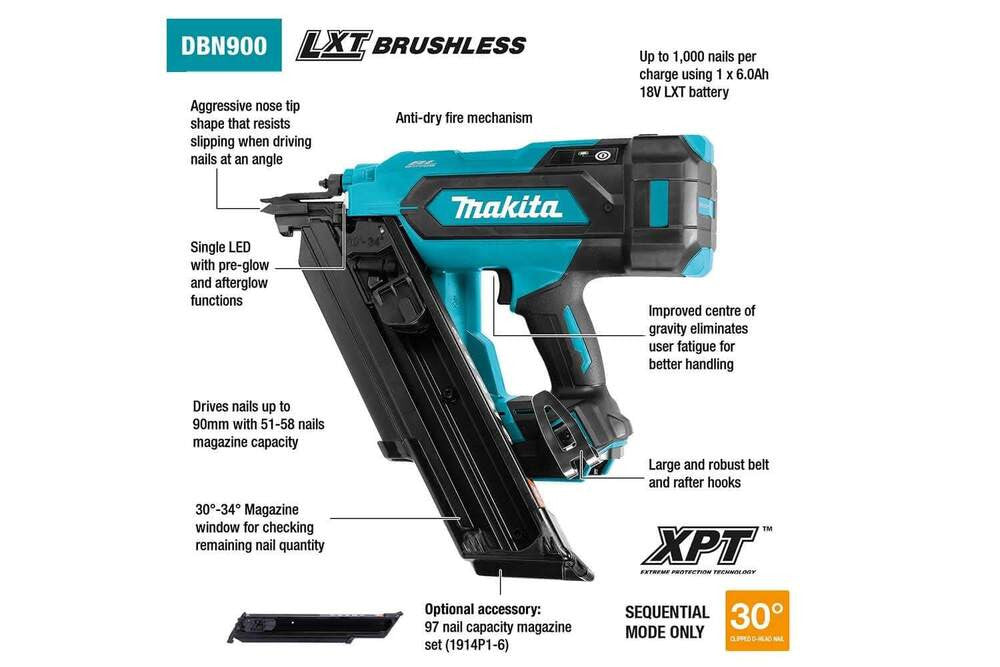 Makita DBN900ZK 18V LXT Cordless Brushless 3-1/2in 30° Framing Nailer (Tool Only) showing features of the nailer