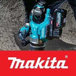A Makita cordless jackhammer drill being used in a rocky outdoor setting, with a large red Makita logo banner across the bottom of the image