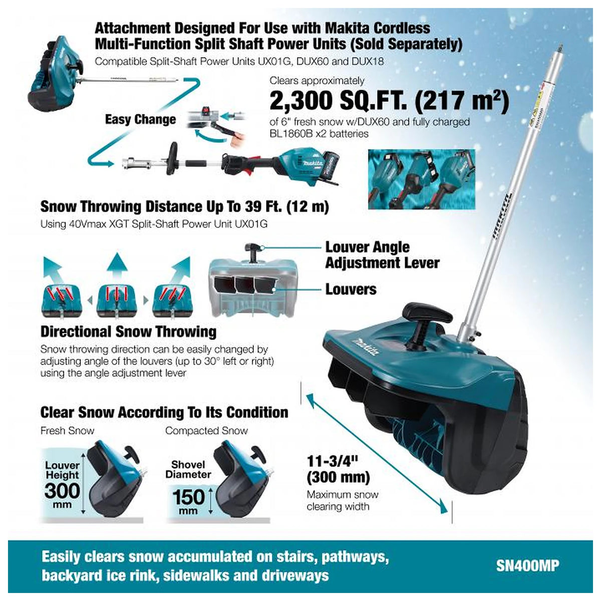 Makita SN400MP English features and performance infographic