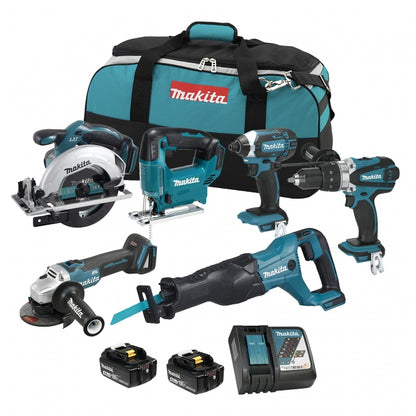 Makita DLX6138MX1 18V LXT six-tool combo kit with batteries, charger and bag