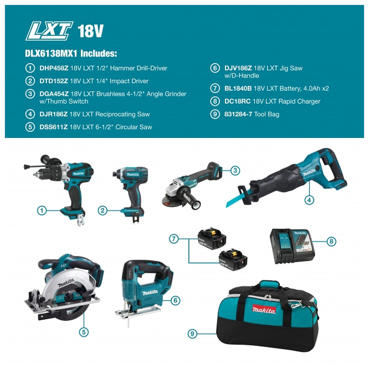 Makita DLX6138MX1 English six-tool kit contents diagram