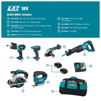 Makita DLX6138MX1 English six-tool kit contents diagram
