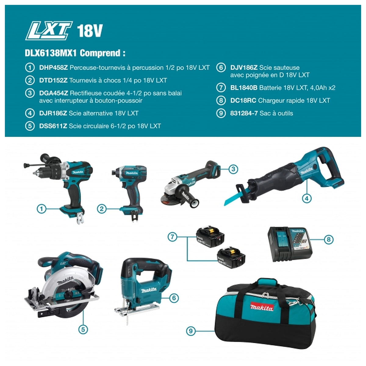 Makita DLX6138MX1 French six-tool kit contents diagram