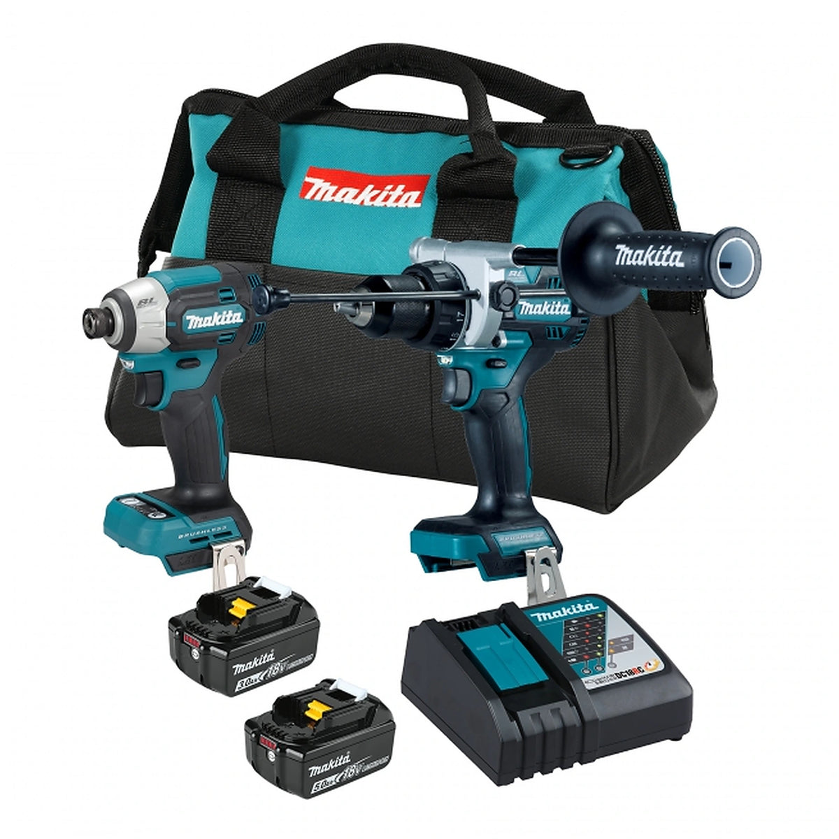 Makita DLX2567TX1 18V LXT brushless two-tool combo kit with batteries, charger and tool bag