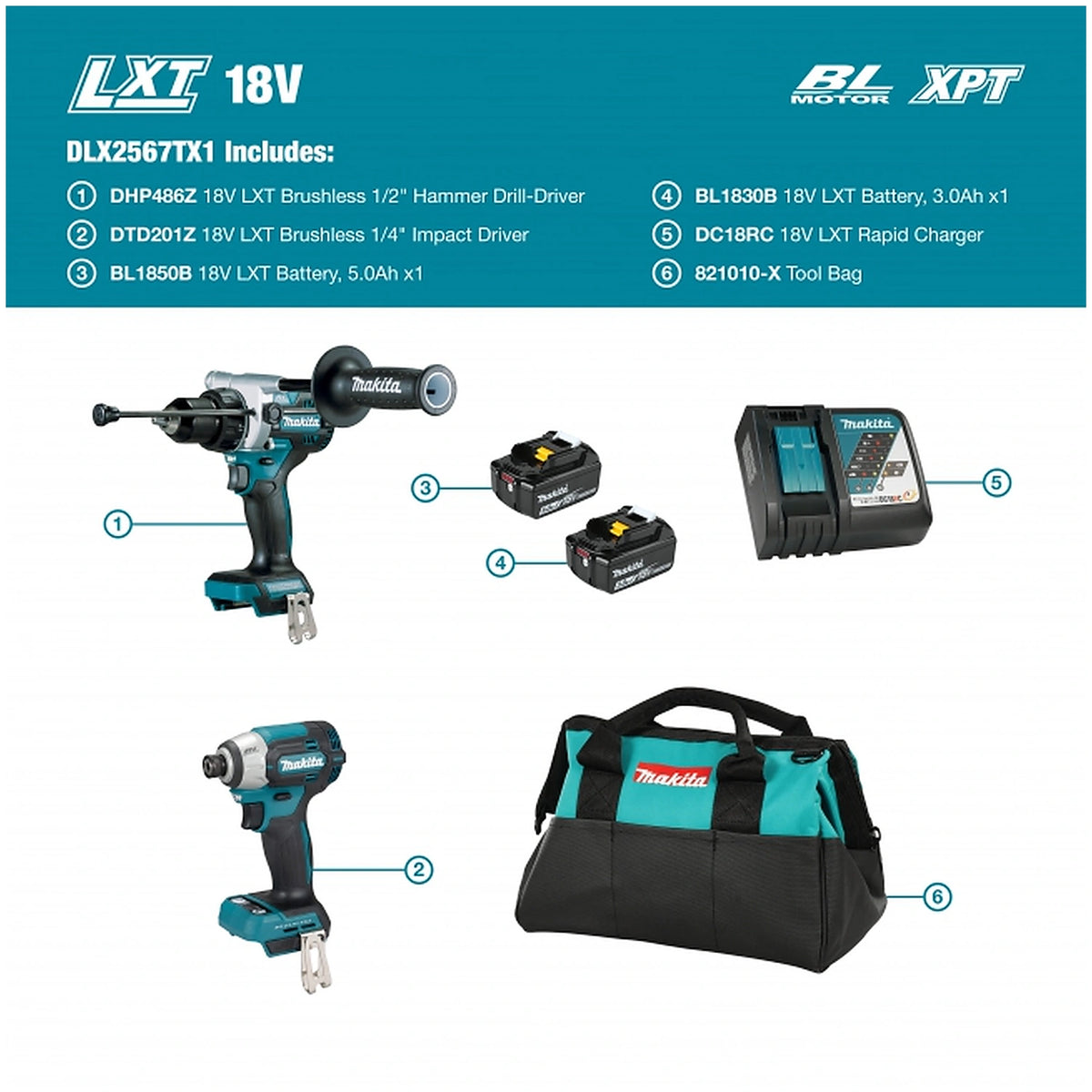 Makita DLX2567TX1 kit contents diagram in English