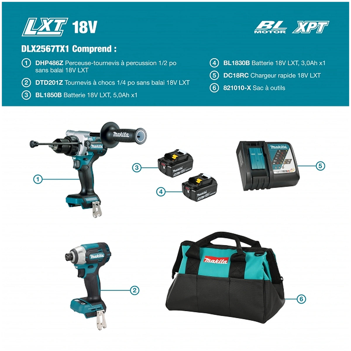 Makita DLX2567TX1 kit contents diagram in French