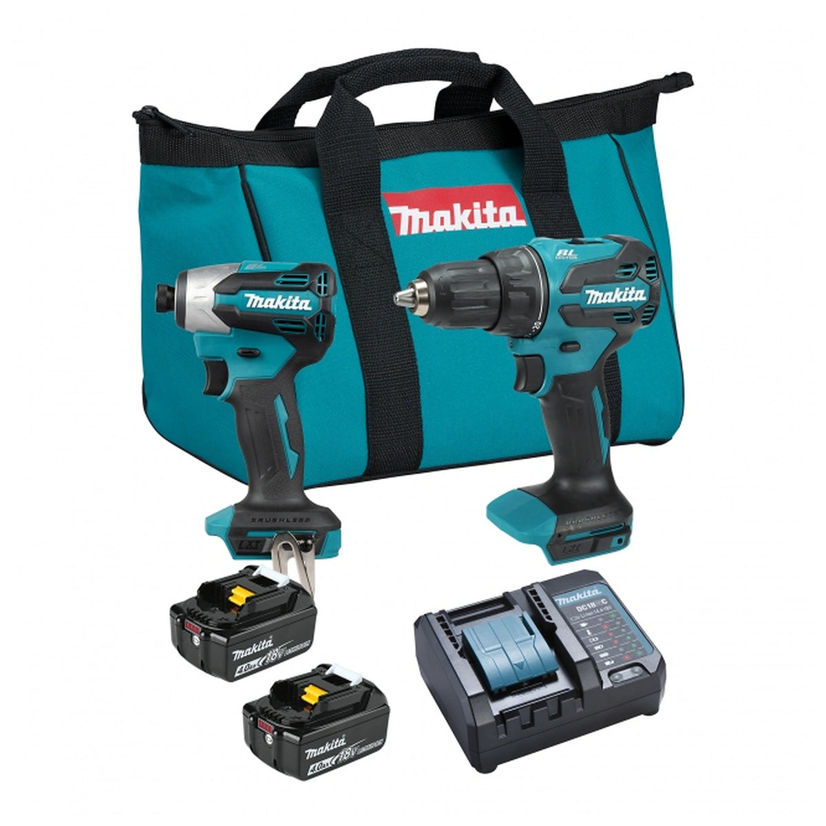 Makita DLX2577M01 18V LXT brushless two-tool combo kit with batteries, charger and bag