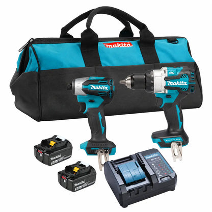Makita cordless drill and driver kit with two 18V LXT batteries, a battery charger, and a black and teal carrying bag on a white background.