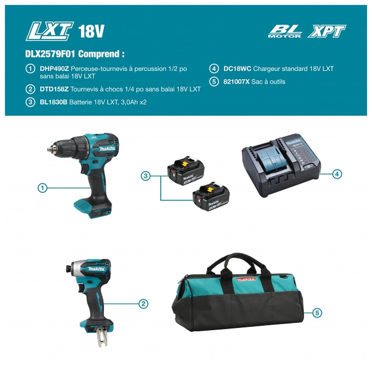 Makita DLX2579F01 French kit contents diagram