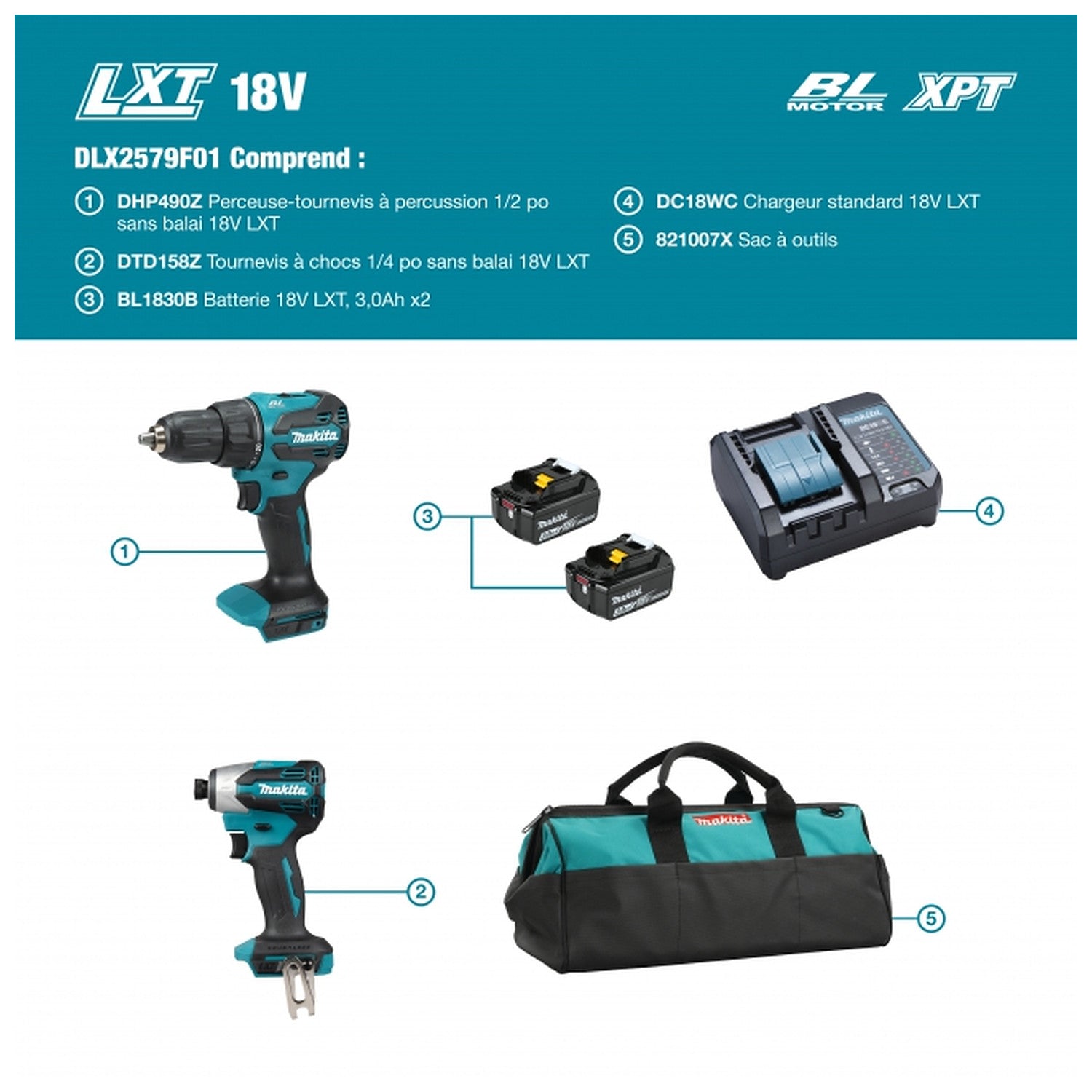 Makita DLX2579F01 French kit contents diagram