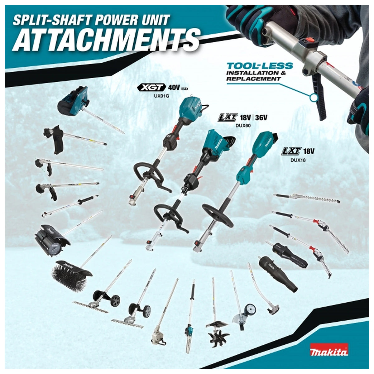 Makita DUX18Z English compatible split shaft attachments diagram