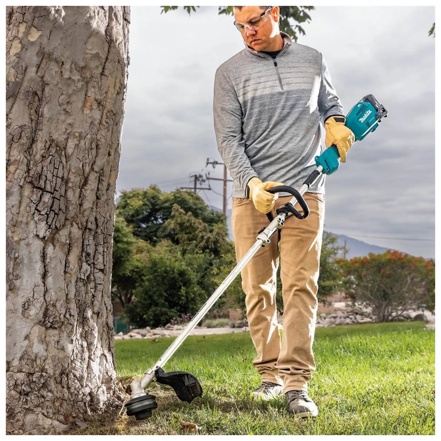 Makita DUX18Z power unit operating a line trimmer attachment around a tree