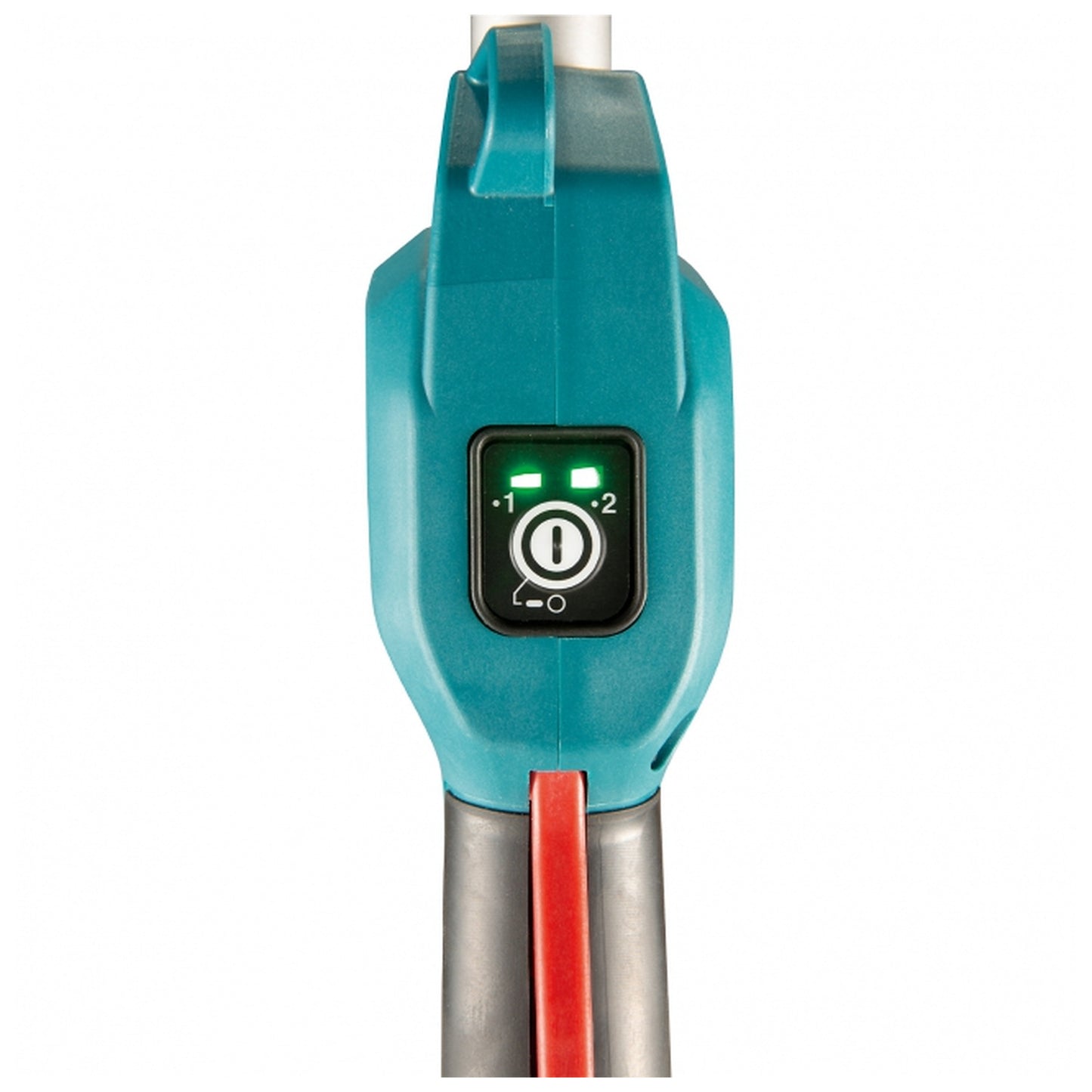 Makita DUX18Z two-speed selector and battery indicator close-up