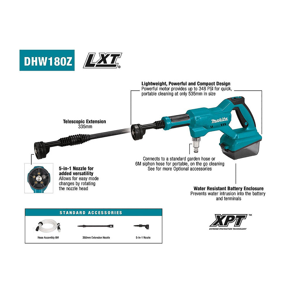 Makita DHW180Z pressure washer feature overview with hose, extension wand and spray nozzle