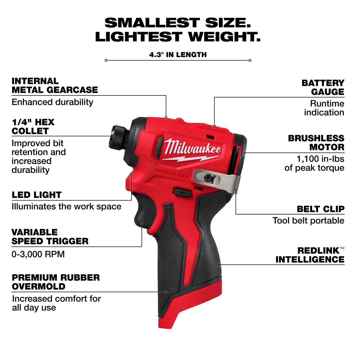 Milwaukee 3450-20 M12 cordless brushless subcompact 1/4-inch hex impact driver walk-around view