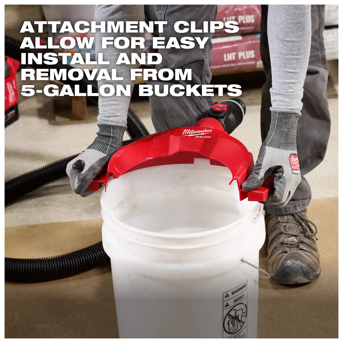 Milwaukee AIR-TIP Bucket Topper attached to a five-gallon bucket
