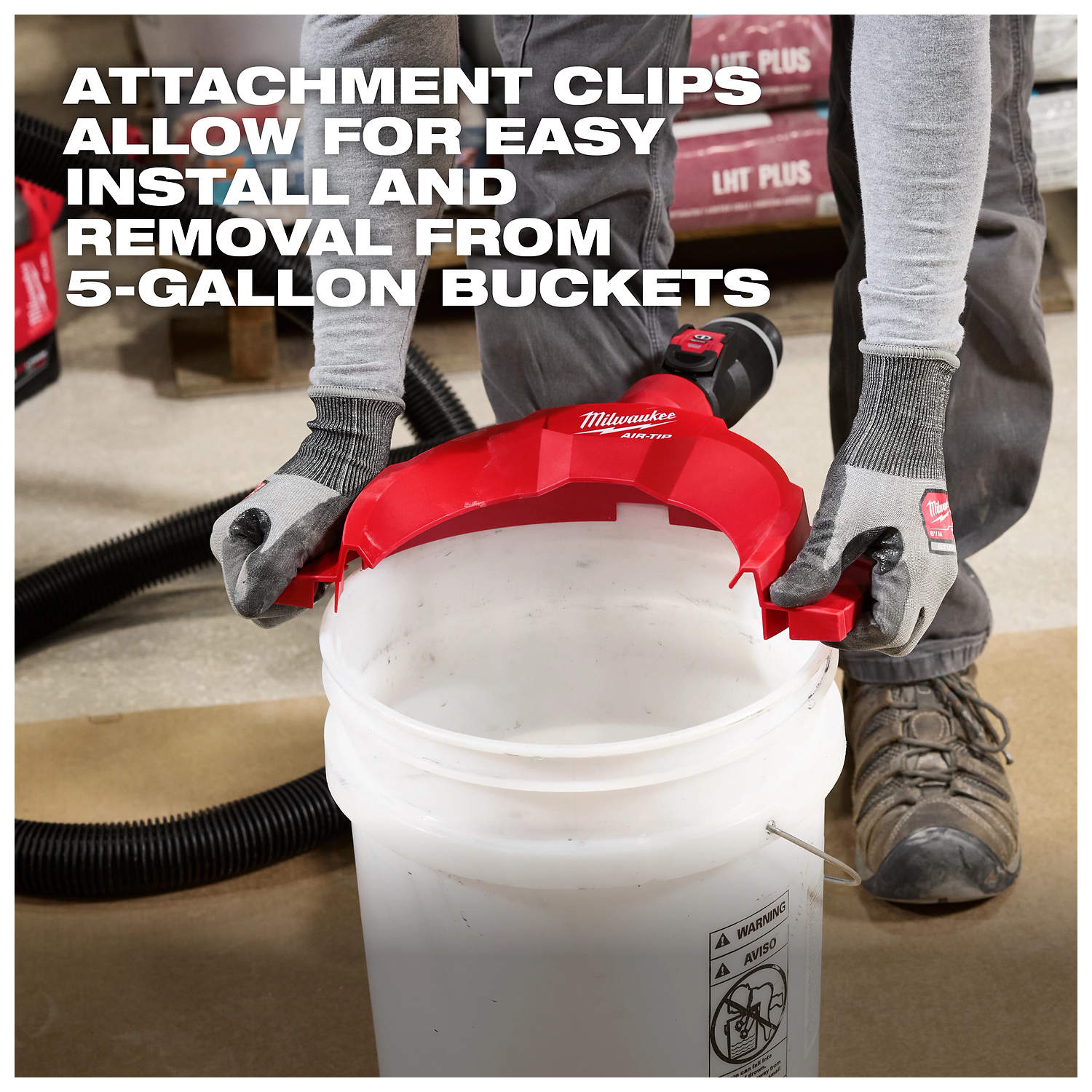Milwaukee AIR-TIP Bucket Topper attached to a five-gallon bucket