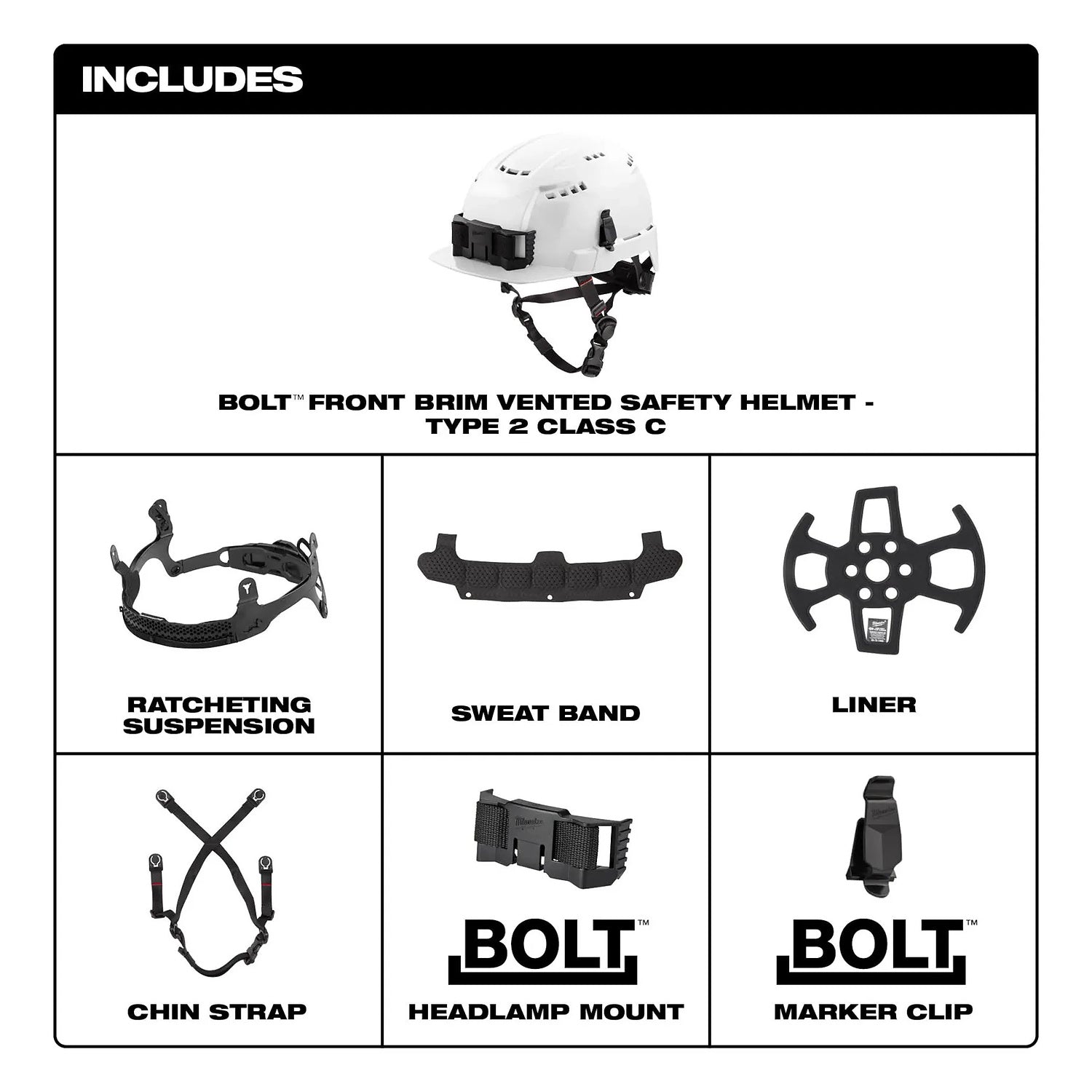 Milwaukee BOLT front brim vented safety helmet included accessories