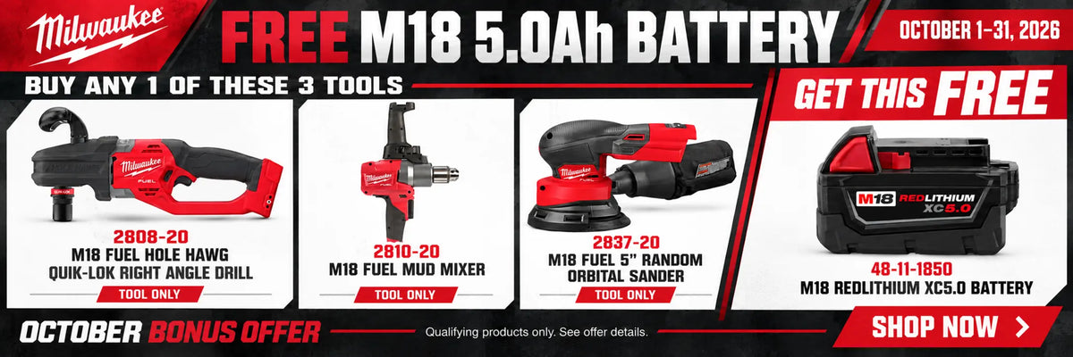 October 1–31, 2026: Buy a Milwaukee 2808-20, 2810-20 or 2837-20 and receive a free M18 REDLITHIUM XC5.0 battery, 48-11-1850.