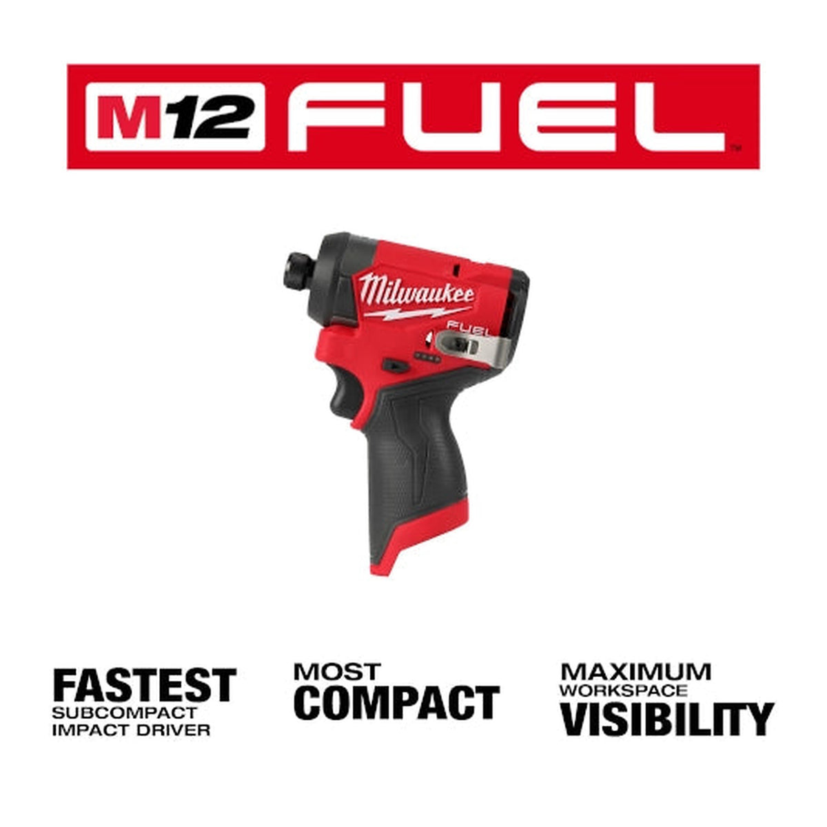 Milwaukee 3453-21 M12 FUEL impact driver with compact size and workspace visibility highlights