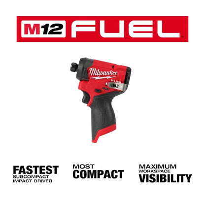 Milwaukee 3453-21 M12 FUEL impact driver with compact size and workspace visibility highlights