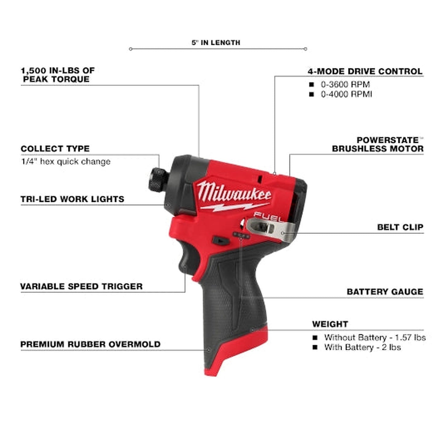 Milwaukee 3453-21 M12 FUEL impact driver annotated with drive control, Tri-LED lights, belt clip, and battery gauge