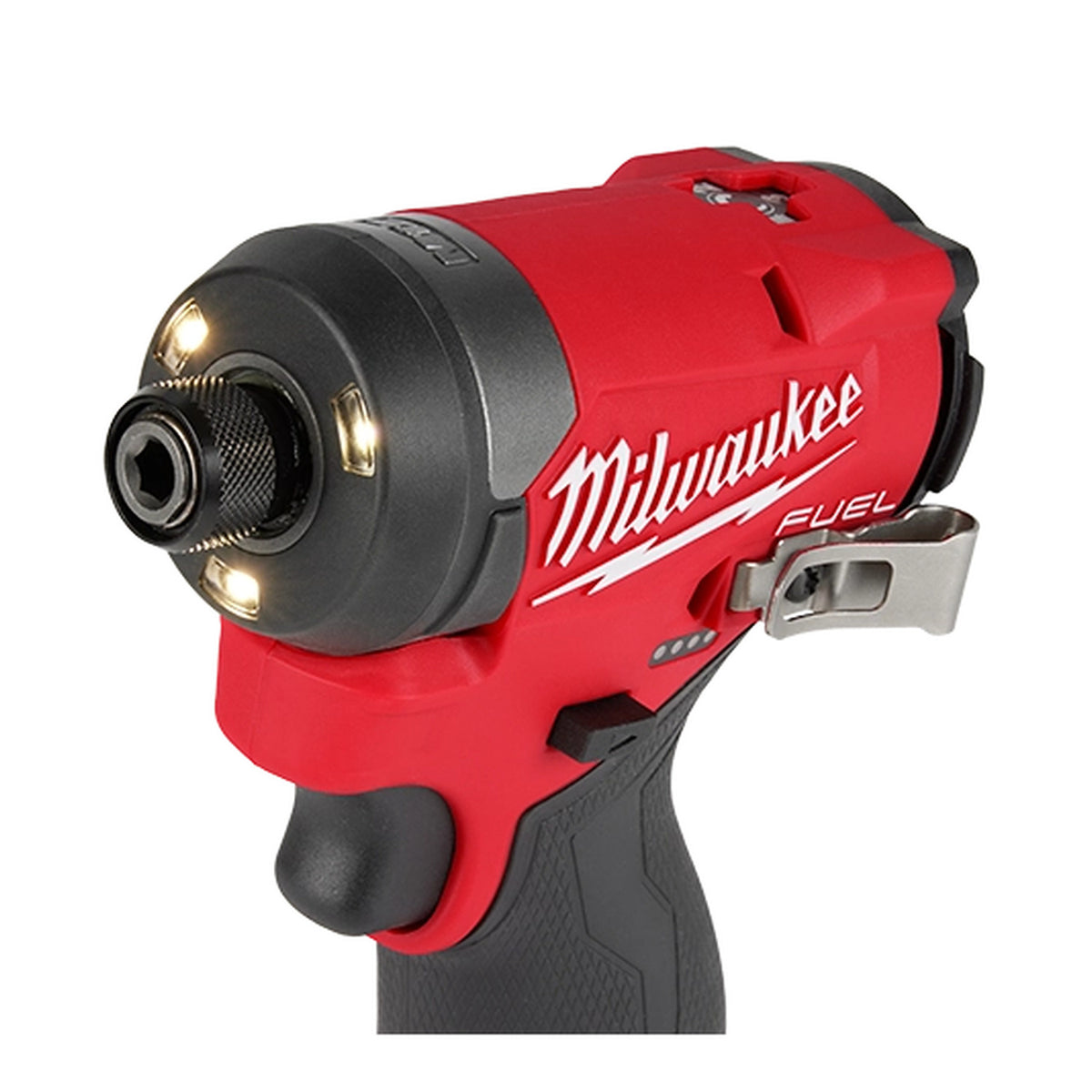 Milwaukee 3453-21 M12 FUEL impact driver front housing and Tri-LED lights close-up