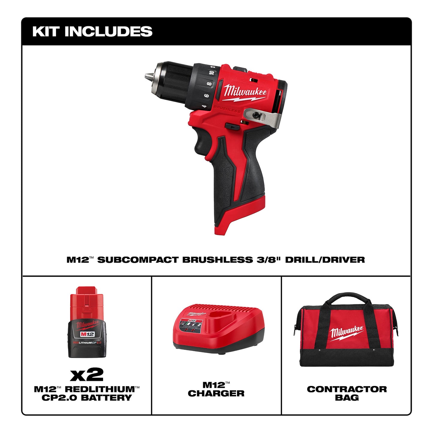 The image shows the contents of a Milwaukee M12 Subcompact Brushless 3/8" Drill/Driver kit. It includes two M12 RedLithium CP2.0 batteries, an M12 charger, and a contractor bag.