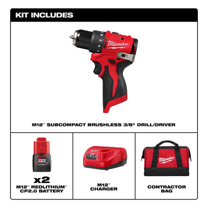 The image shows the contents of a Milwaukee M12 Subcompact Brushless 3/8" Drill/Driver kit. It includes two M12 RedLithium CP2.0 batteries, an M12 charger, and a contractor bag.