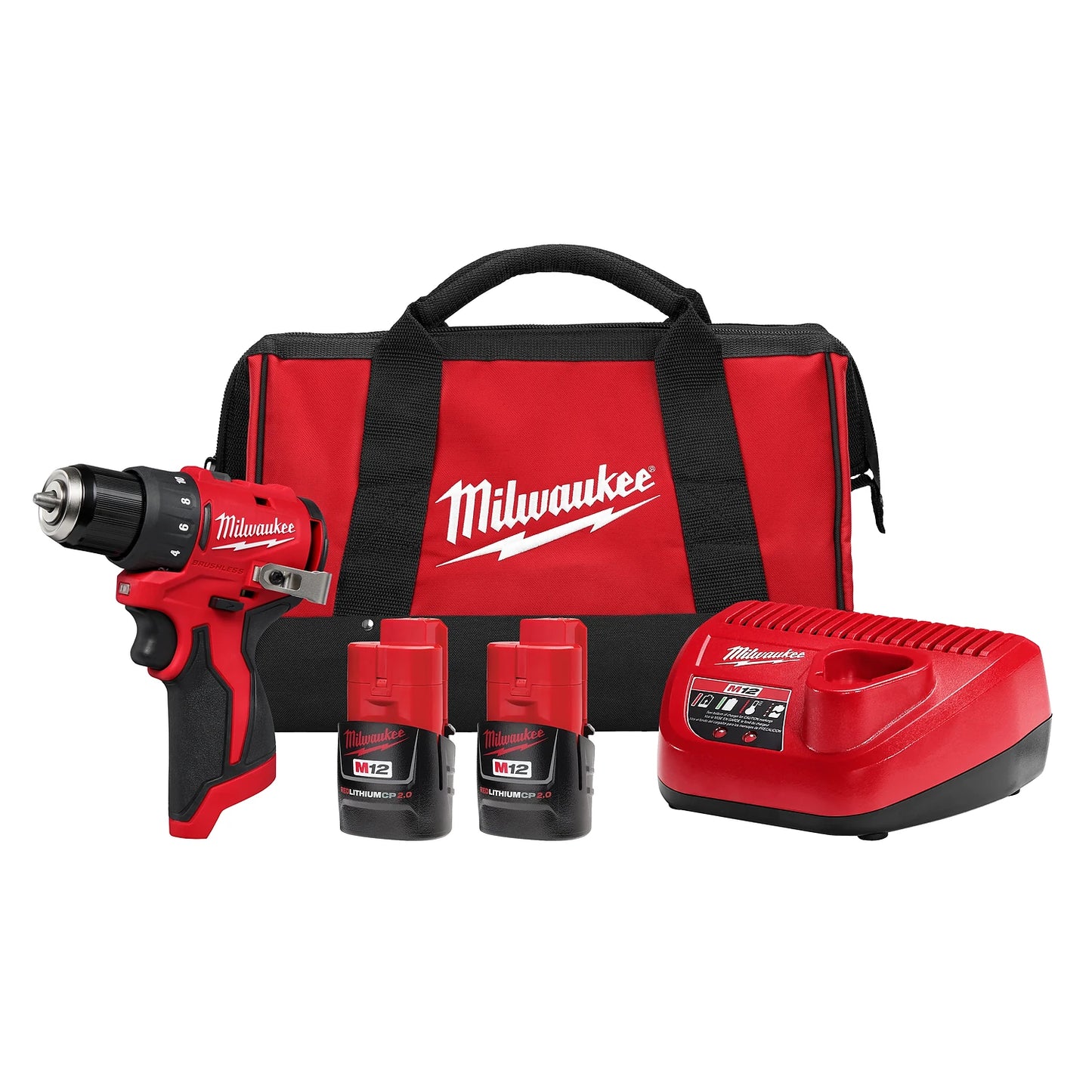 A Milwaukee tool set includes a red and black cordless drill, a red charger, two red batteries labeled "M12," and a red and black carrying bag with the Milwaukee logo. The bag has a handle and black straps.