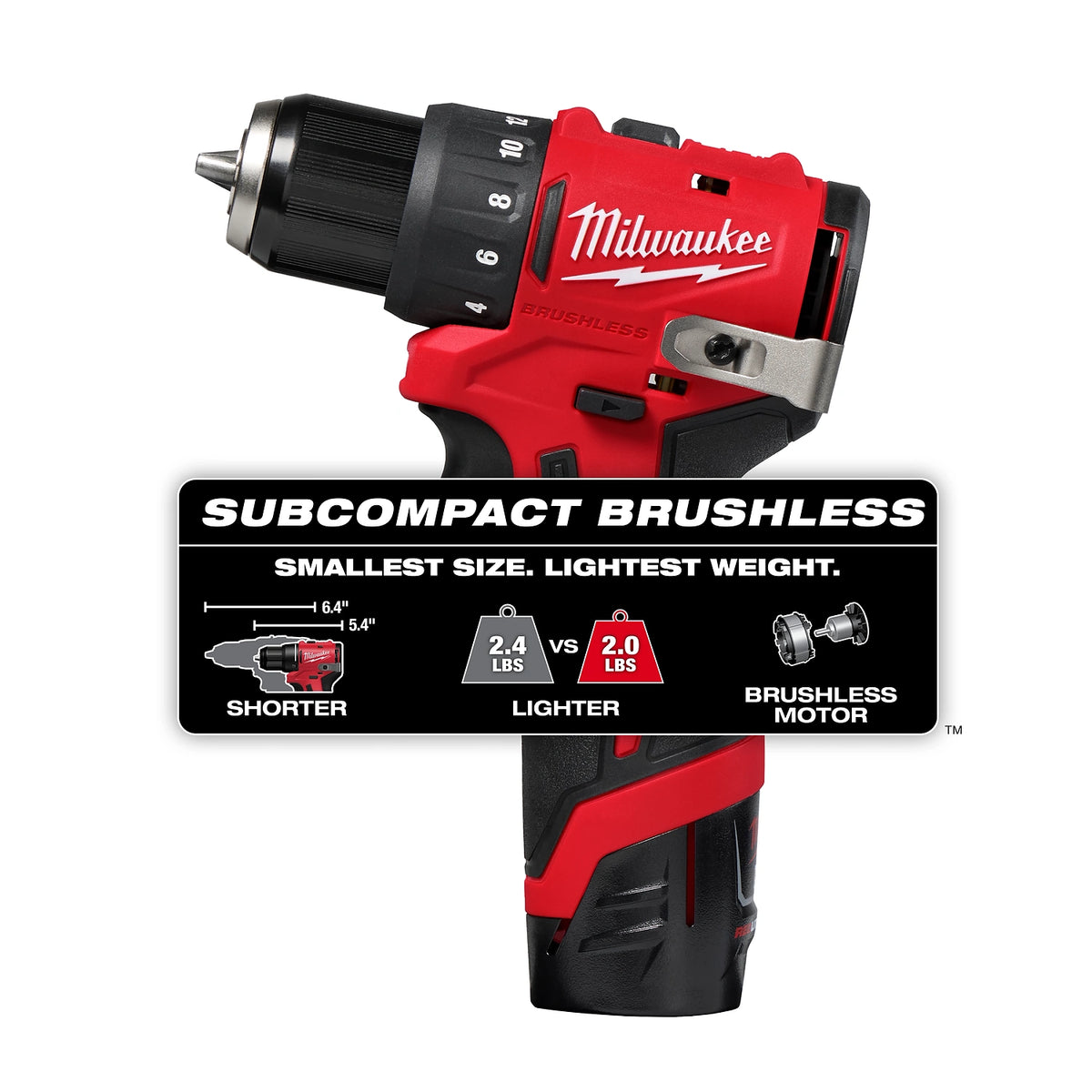 This image shows a red and black Milwaukee subcompact brushless drill featuring a label stating "smallest size, lightest weight." The drill is 6.4 inches long and weighs 2.0 lbs, lighter than the previous model's 2.4 lbs, with a brushless motor.