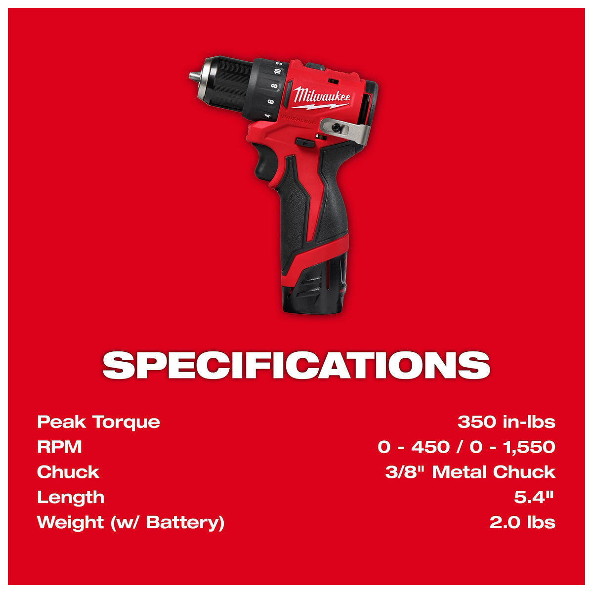 Image of a Milwaukee cordless drill with specifications. It has a peak torque of 350 in-lbs, RPM of 0-450/0-1,550, a 3/8" metal chuck, a length of 5.4 inches, and weighs 2.0 lbs with a battery. The background is red.