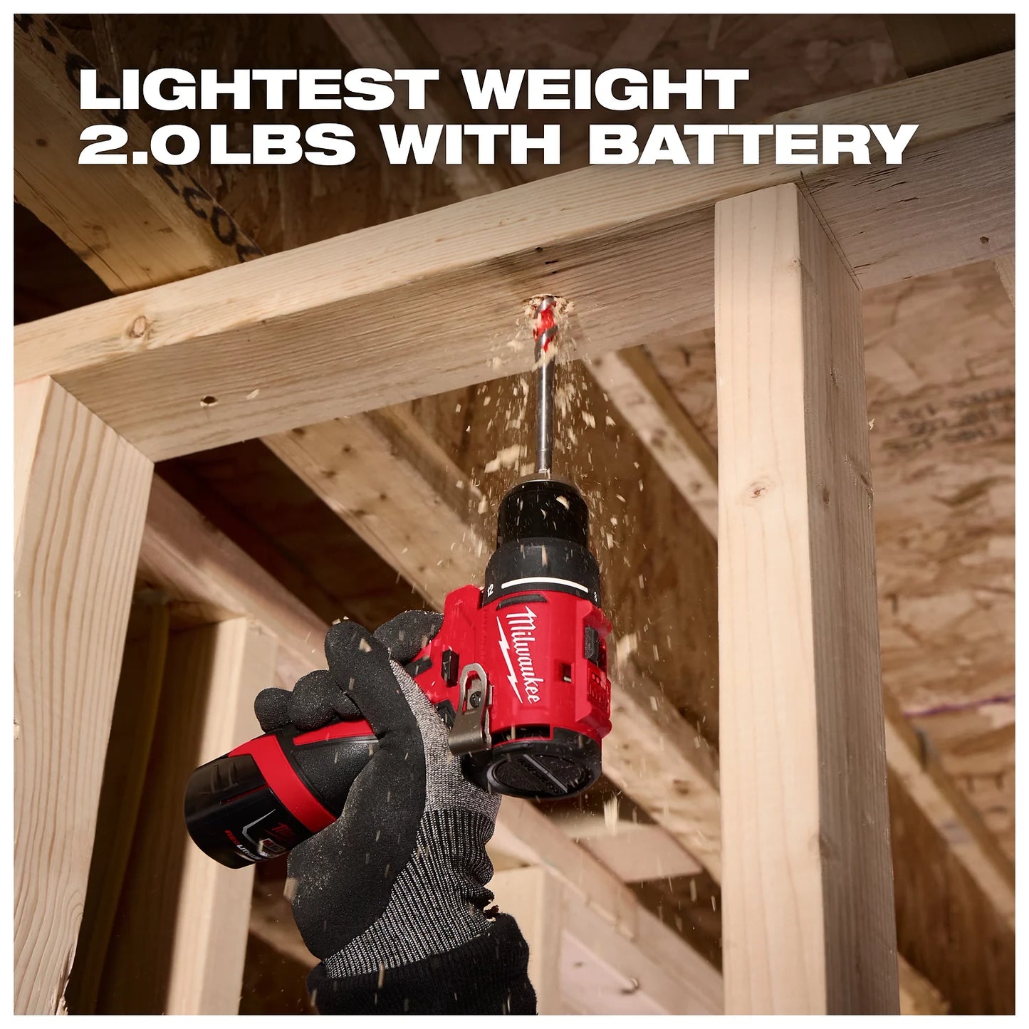 A person wearing gloves uses a red Milwaukee drill to bore a hole through a wooden beam in a construction setting. Sawdust is visible around the drilling spot. The text above reads "LIGHTEST WEIGHT 2.0 LBS WITH BATTERY."