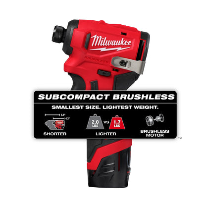 The image shows a Milwaukee subcompact brushless motor tool with a red and black design. An overlay highlights its features: it's 1.54 inches shorter, weighs 1.7 lbs versus 2.0 lbs, and has a brushless motor. Text reads, "Subcompact Brushless, Smallest Size. Lightest Weight."