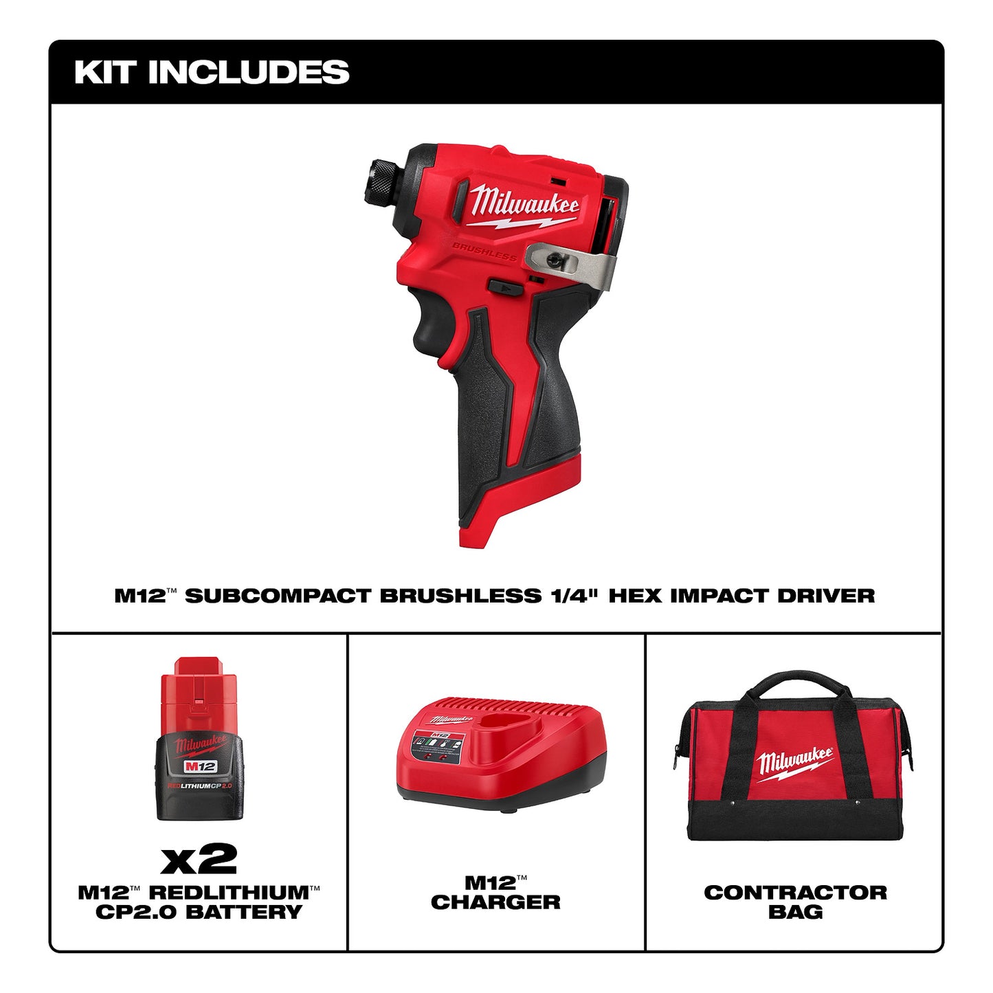 The image shows a Milwaukee tool kit that includes an M12 subcompact brushless 1/4" hex impact driver, two M12 REDLITHIUM CP2.0 batteries, an M12 charger, and a red and black Milwaukee-branded contractor bag.