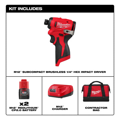 The image shows a Milwaukee tool kit that includes an M12 subcompact brushless 1/4" hex impact driver, two M12 REDLITHIUM CP2.0 batteries, an M12 charger, and a red and black Milwaukee-branded contractor bag.